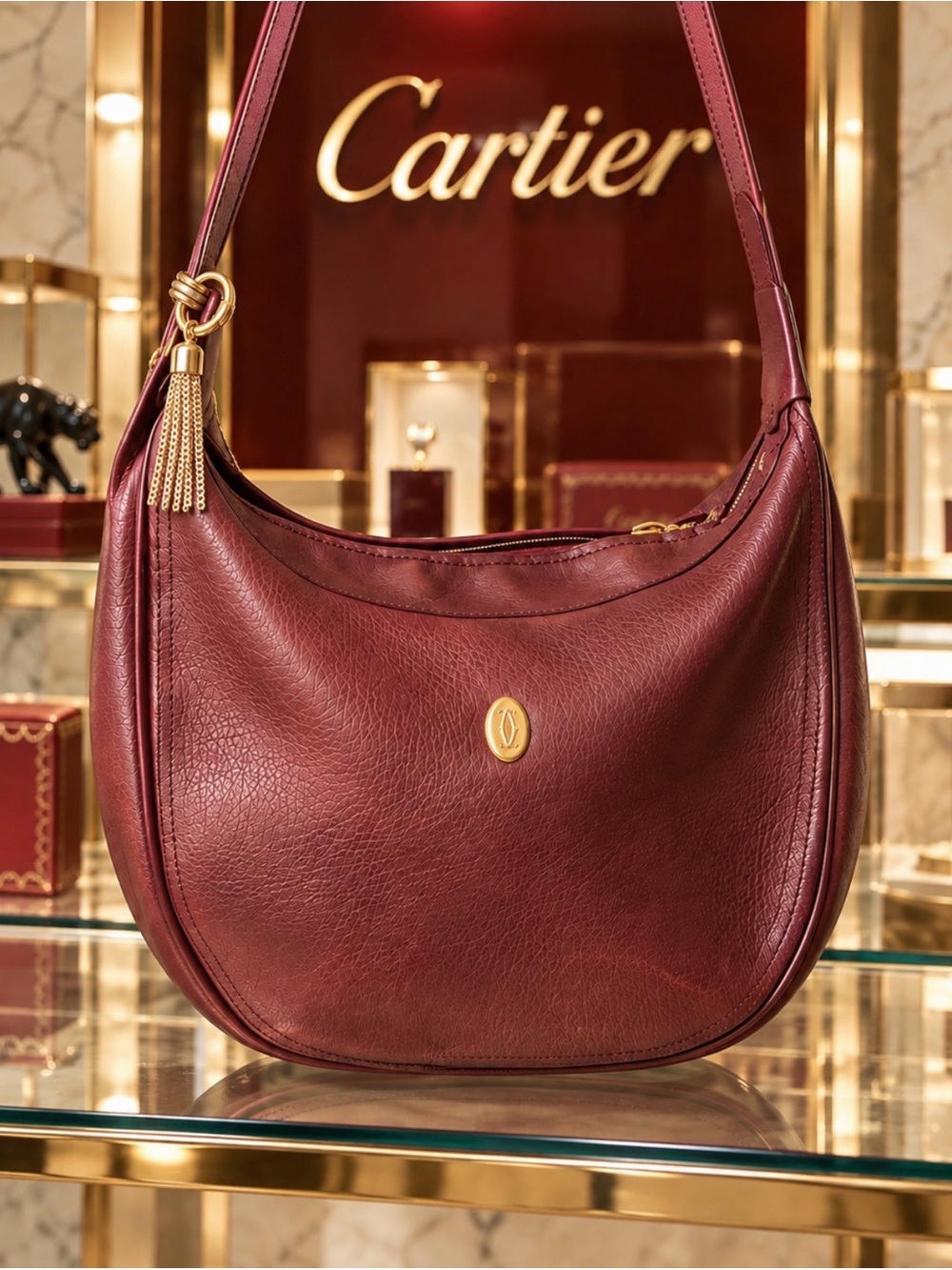 Authentic Cartier-Vintage Burgundy Leather Adjustable Hobo-Gold Tassel
